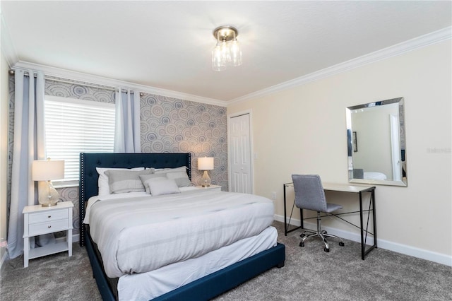 bedroom featuring carpet floors, a closet, and crown molding