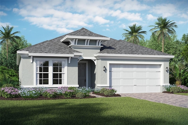 view of front of home with a garage and a front lawn