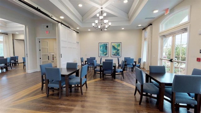 dining room featuring beamed ceiling, a chandelier, dark hardwood / wood-style floors, and coffered ceiling