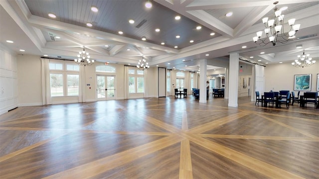 interior space featuring an inviting chandelier, coffered ceiling, and parquet flooring