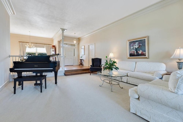 living room featuring carpet, ornamental molding, and an inviting chandelier