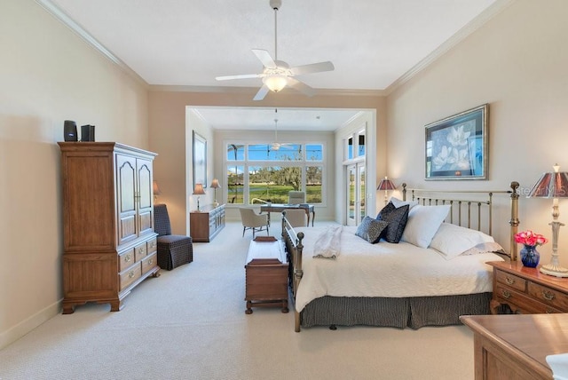 bedroom featuring ceiling fan, ornamental molding, and light colored carpet