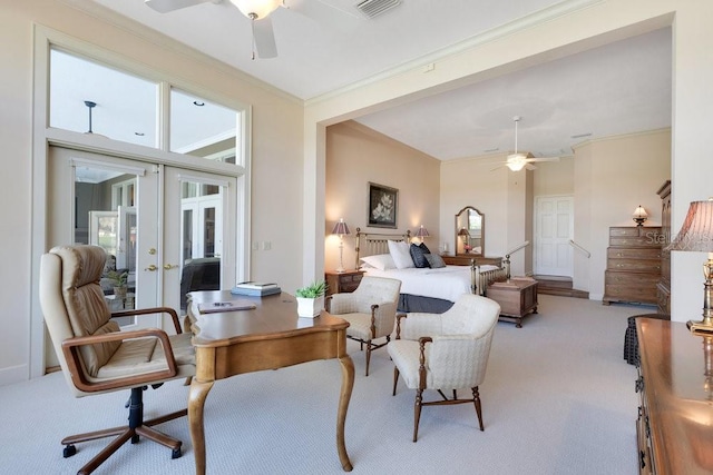 bedroom with ceiling fan, crown molding, french doors, and carpet flooring