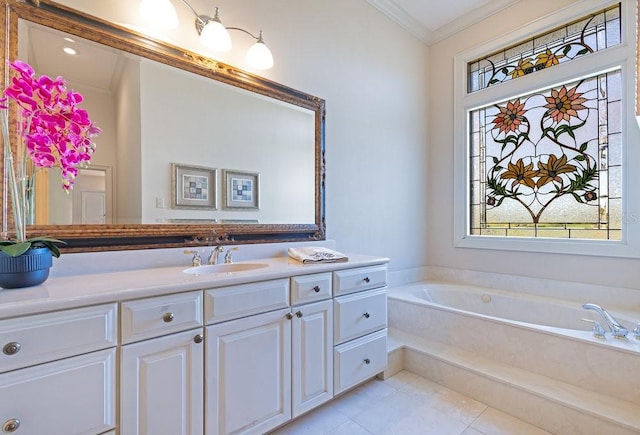 bathroom featuring a tub, vanity, tile patterned flooring, and crown molding