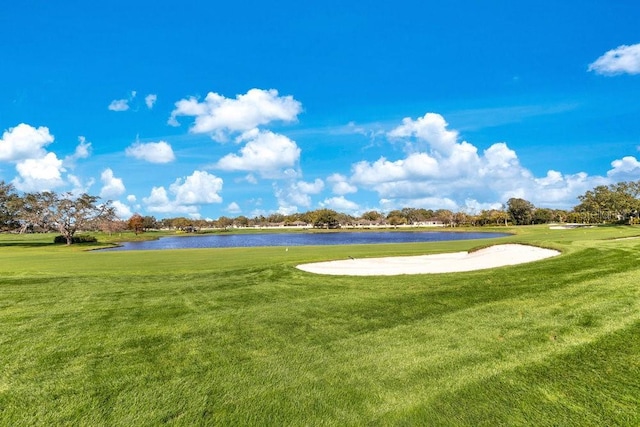 view of property's community featuring a water view and a lawn