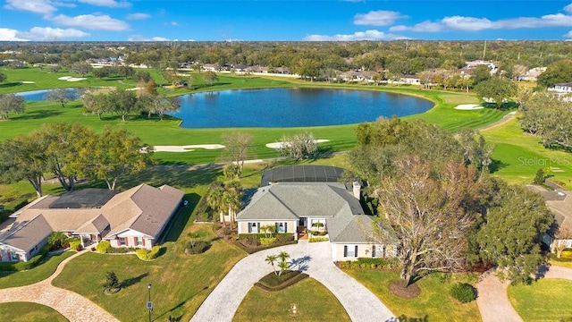 aerial view featuring a water view and golf course view