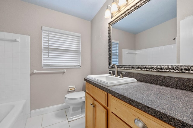 full bathroom with toilet, washtub / shower combination, tile patterned floors, and vanity