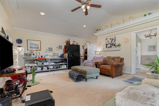 living room featuring lofted ceiling, ceiling fan, carpet, and crown molding