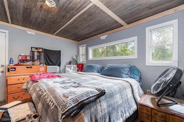 bedroom featuring cooling unit and wooden ceiling