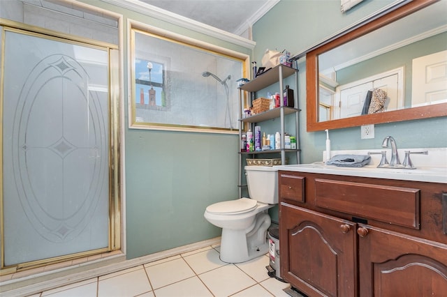 bathroom featuring toilet, tile patterned floors, an enclosed shower, ornamental molding, and vanity