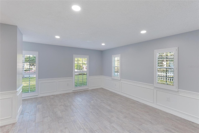 empty room with a textured ceiling, light hardwood / wood-style floors, and a wealth of natural light