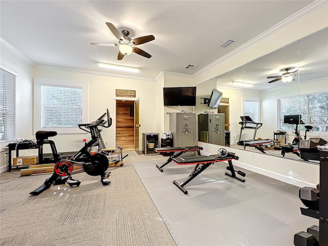 exercise room featuring ceiling fan, crown molding, and a textured ceiling