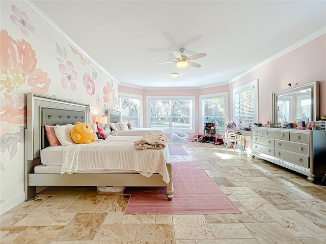 bedroom with ceiling fan and ornamental molding