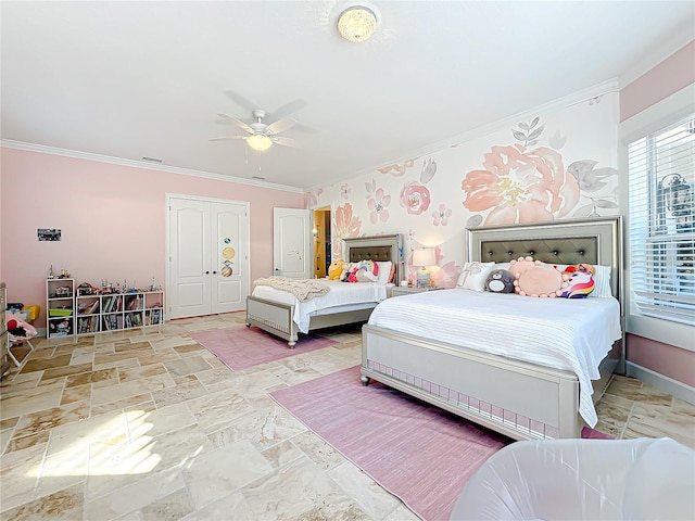 bedroom featuring ceiling fan and ornamental molding