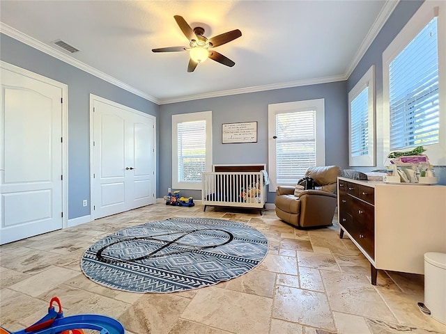 bedroom featuring ceiling fan and crown molding