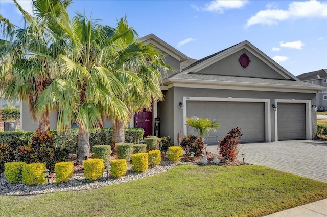 view of front of house featuring a garage and a front lawn