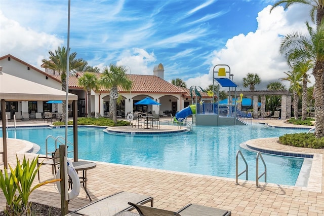 view of swimming pool featuring a patio area and a water slide