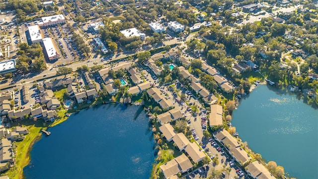 drone / aerial view with a water view