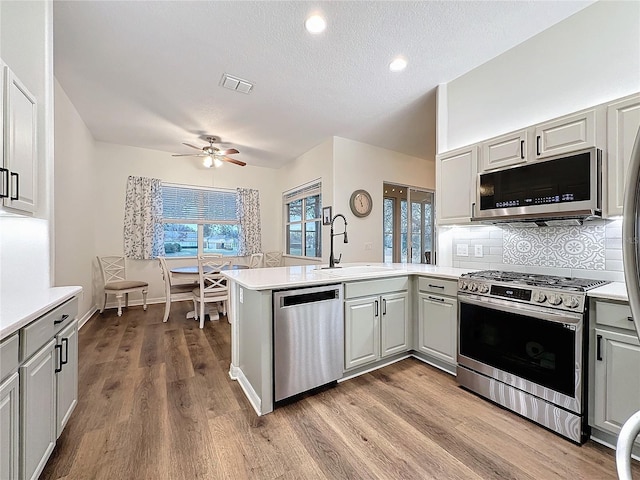 kitchen with a peninsula, appliances with stainless steel finishes, a sink, and light countertops