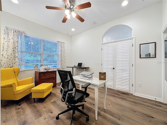 office with ceiling fan, baseboards, wood finished floors, and recessed lighting