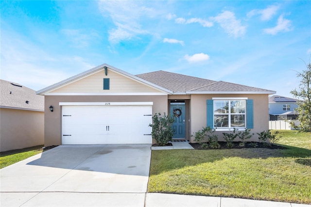 single story home featuring a front yard and a garage