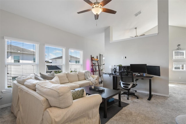 interior space with ceiling fan and high vaulted ceiling