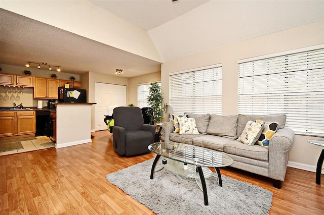 living room with light hardwood / wood-style floors, lofted ceiling, and sink