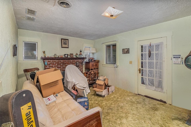 interior space with carpet and a textured ceiling