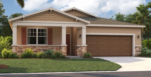 craftsman inspired home featuring covered porch, a garage, and a front lawn