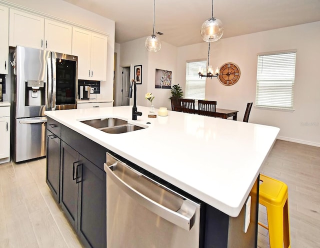 kitchen featuring pendant lighting, a kitchen island with sink, white cabinets, sink, and appliances with stainless steel finishes