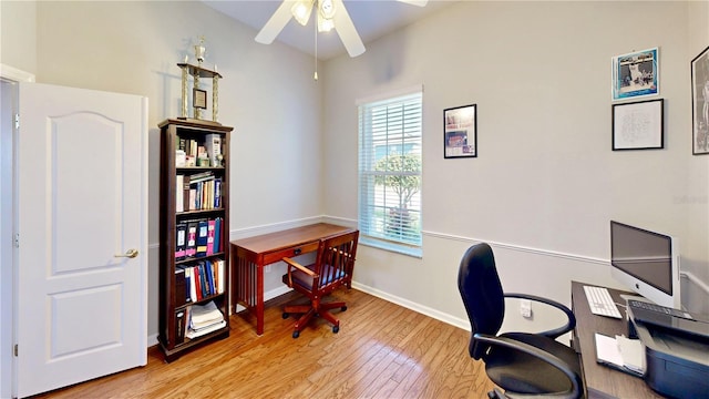 office featuring ceiling fan and light hardwood / wood-style flooring