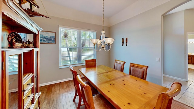 dining area featuring hardwood / wood-style floors and a notable chandelier