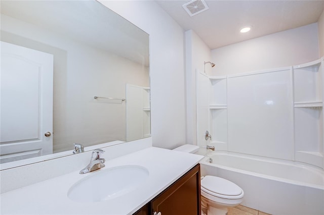 full bathroom with vanity, tile patterned floors, shower / bathtub combination, and toilet