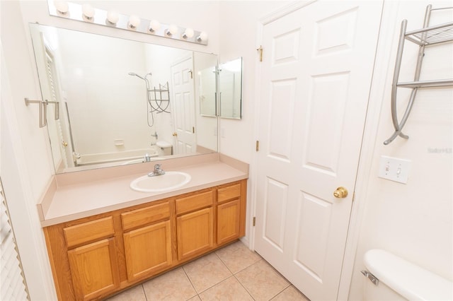 full bathroom featuring tile patterned flooring, shower / tub combination, vanity, and toilet