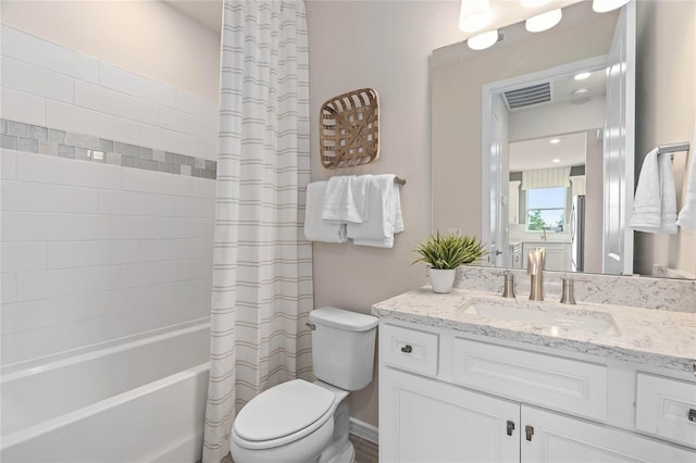 full bathroom with vanity, shower / bathtub combination with curtain, and toilet