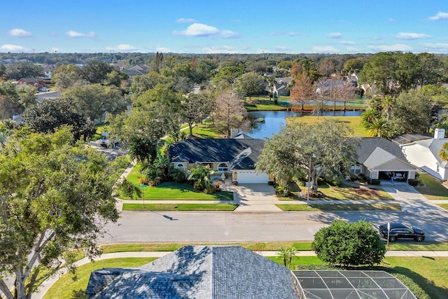 drone / aerial view with a water view