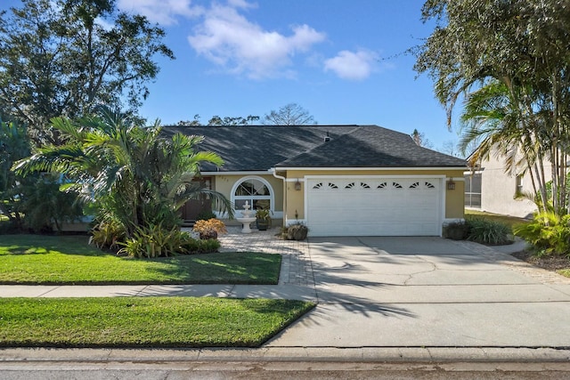 ranch-style home with a garage and a front lawn