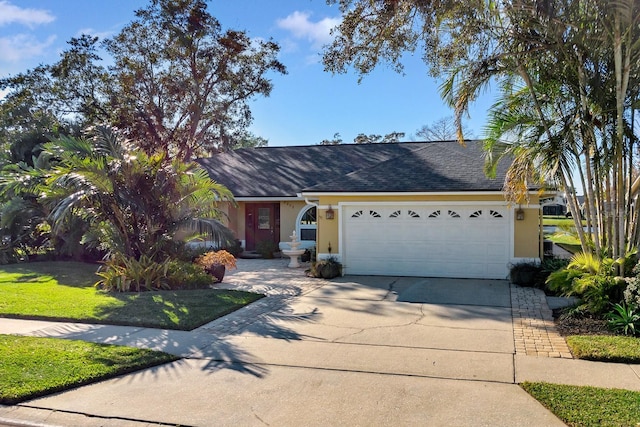 ranch-style house with a garage and a front yard