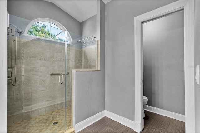 bathroom with a shower with shower door, toilet, and vaulted ceiling