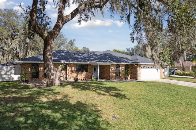 ranch-style house with a garage and a front lawn