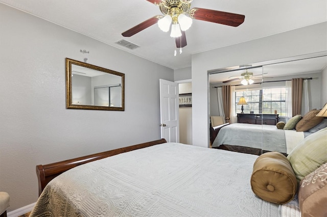 bedroom featuring ceiling fan and a closet