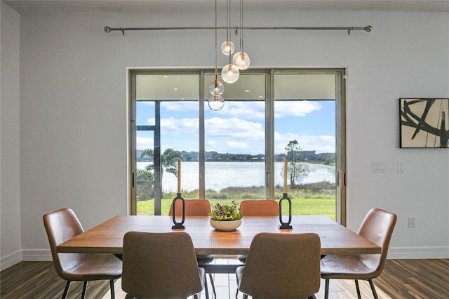 dining area with plenty of natural light, hardwood / wood-style floors, and a water view