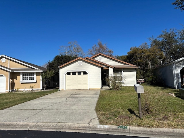 single story home featuring a garage and a front lawn