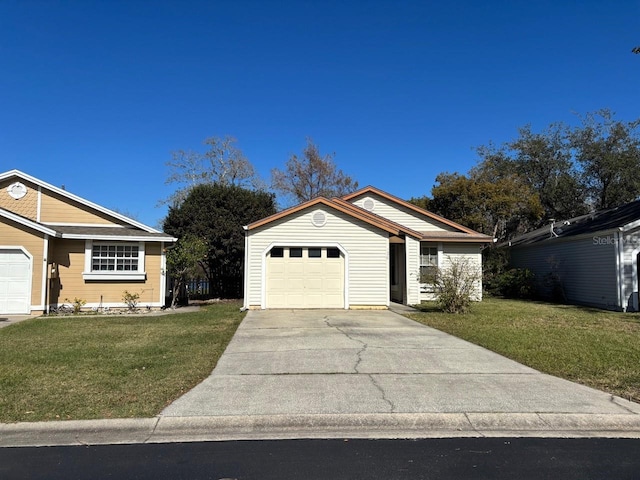 ranch-style home featuring a garage and a front lawn