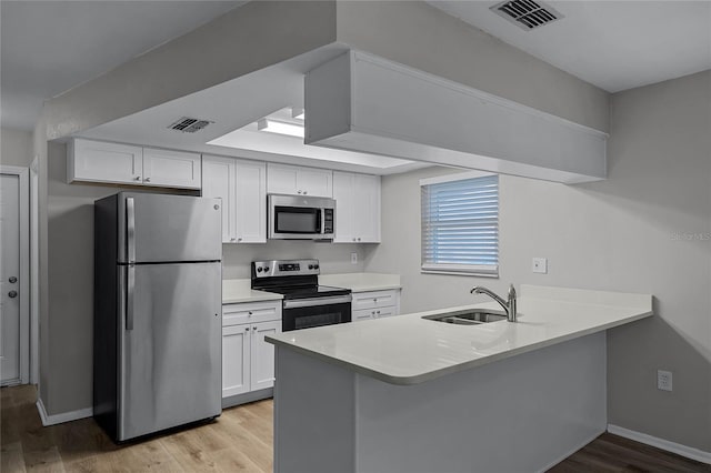 kitchen with white cabinets, kitchen peninsula, sink, and appliances with stainless steel finishes