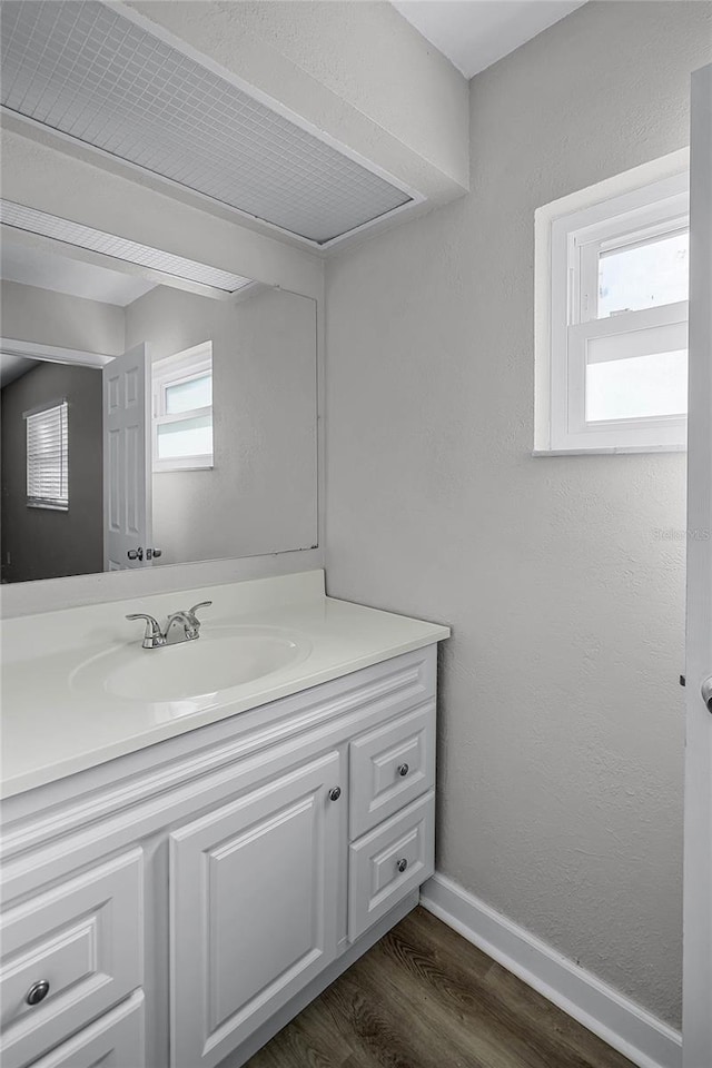 bathroom with hardwood / wood-style floors and vanity