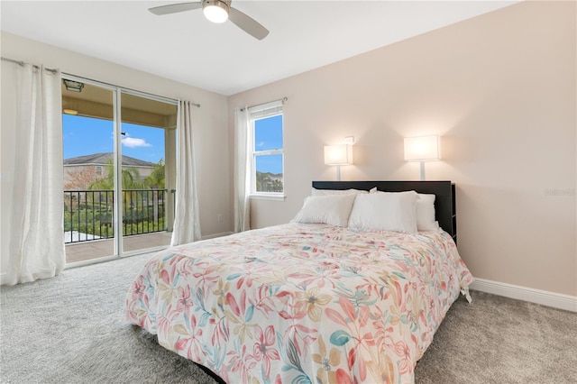 carpeted bedroom with ceiling fan and access to outside