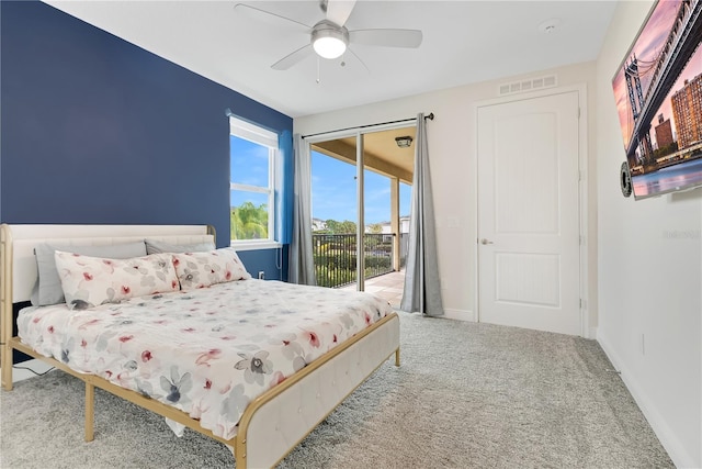 bedroom featuring ceiling fan, carpet flooring, and access to outside