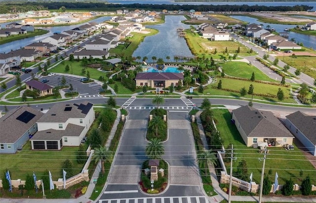 aerial view featuring a water view