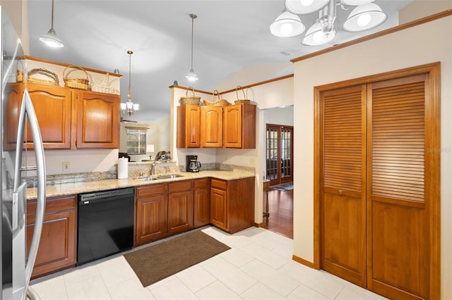 kitchen with dishwasher, sink, hanging light fixtures, a chandelier, and vaulted ceiling